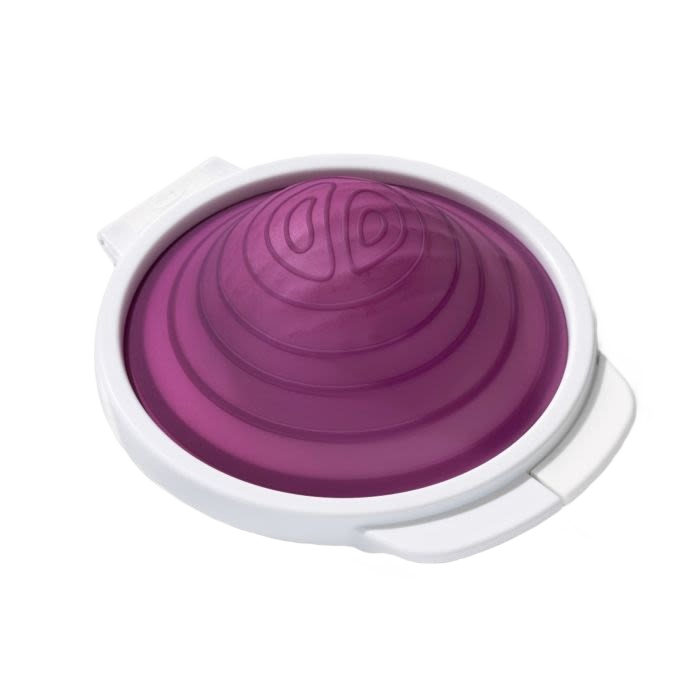 Flexible purple silicone onion saver with white rim for countertop food storage and kitchen organization under $50 collection