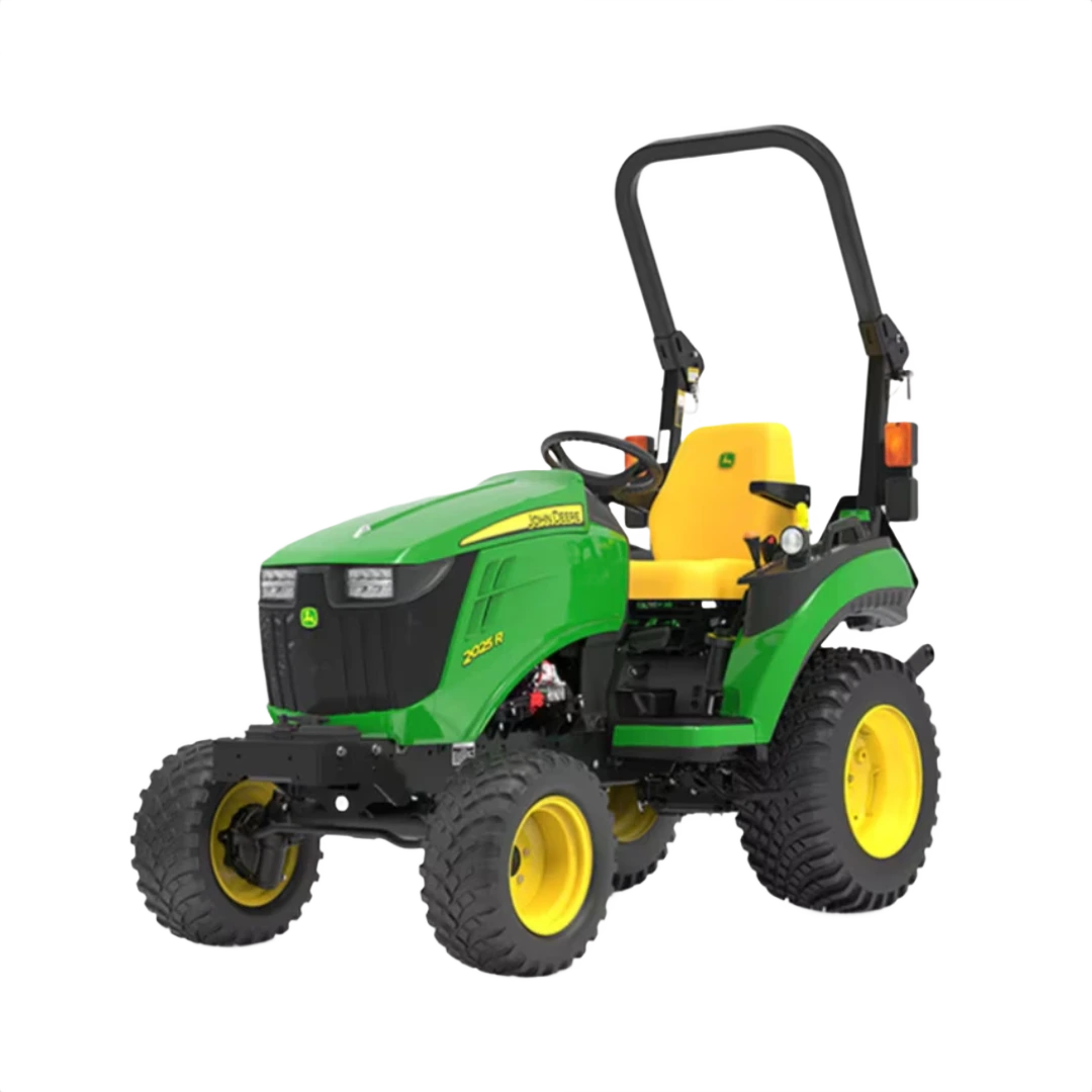 Green and yellow compact utility tractor with roll-over protection and rugged tires for outdoor and home improvement tasks
