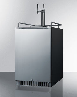 Stainless steel 24-inch built-in kegerator with dual taps and industrial handle for kitchen and appliances collection