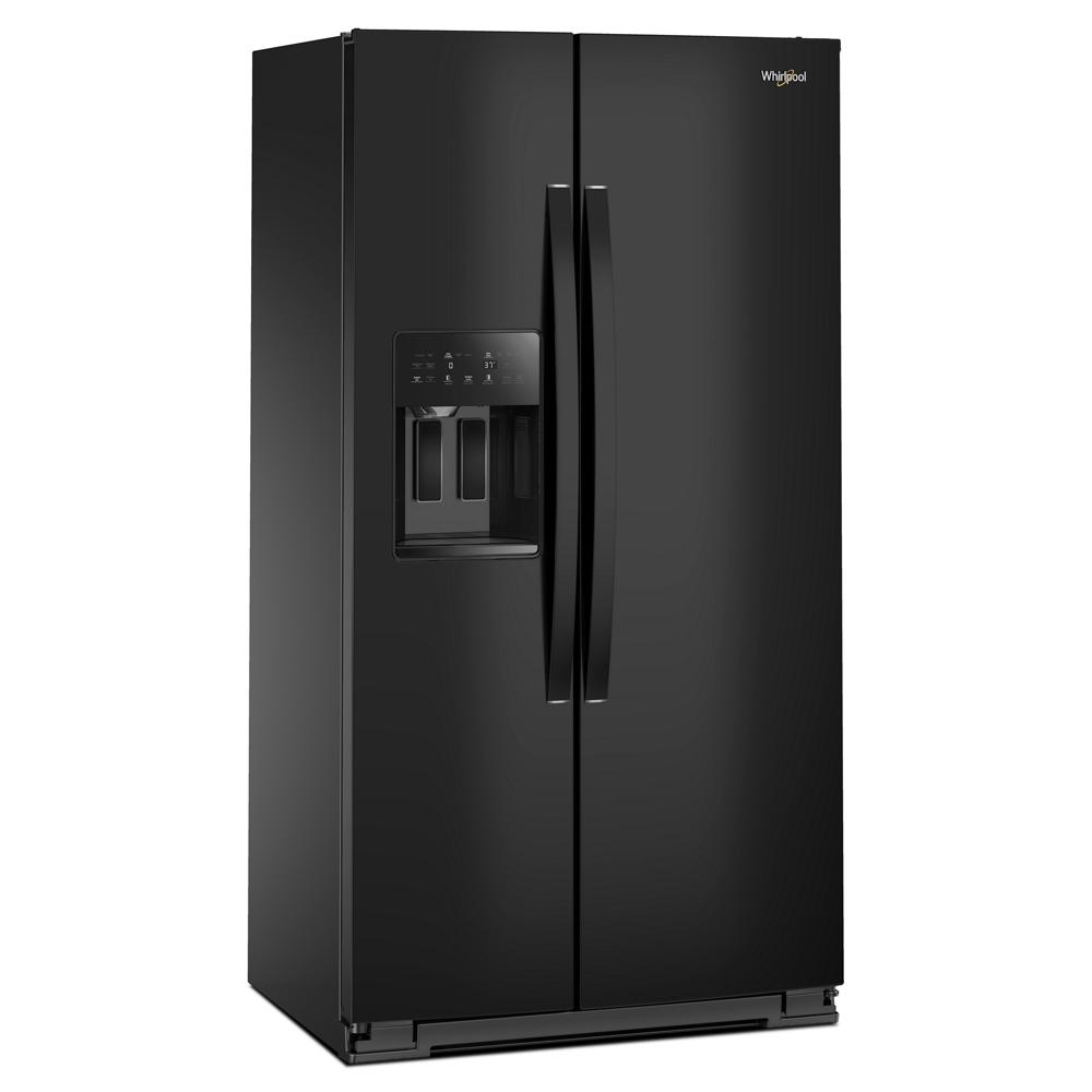 36-inch wide black side-by-side refrigerator with external water dispenser from kitchen and appliances collection