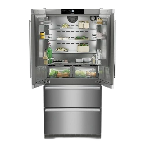 Stainless steel freestanding French door refrigerator with open doors showing organized shelves and dual lower freezer drawers in appliances collection