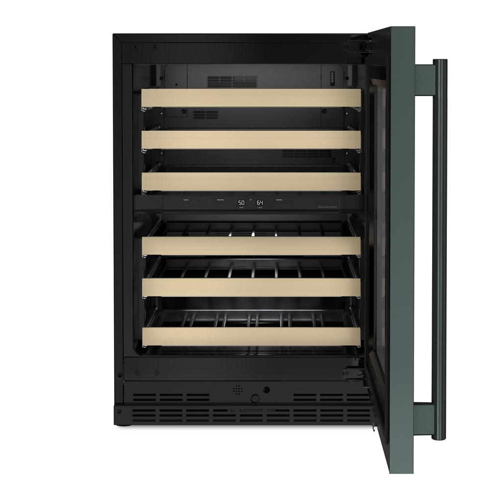 Undercounter wine cellar with full-extension wood-front racks and digital controls, part of KitchenAid beverage centers