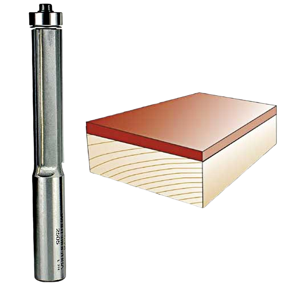 Three flute flush trim router bit with carbide tips shown next to trimmed wooden block for tool accessories collections