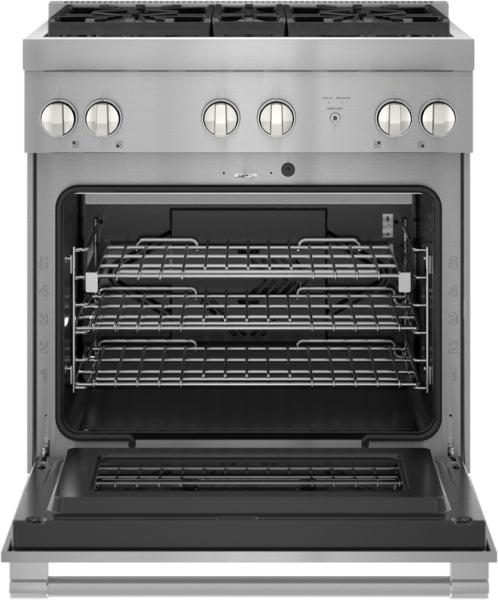 Front view of stainless steel professional range with open oven door and adjustable wire racks, part of kitchen appliances collections