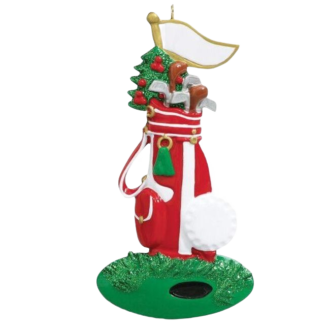 Red golf bag ornament decorated with holly, clubs, and flag on green base from Christmas Ornaments & Tree Decorations collection