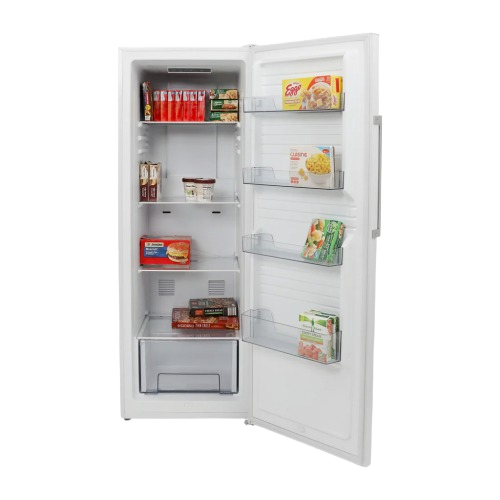 White vertical freezer with open door showing organized frozen food storage shelves from Freezers & Ice Makers collection
