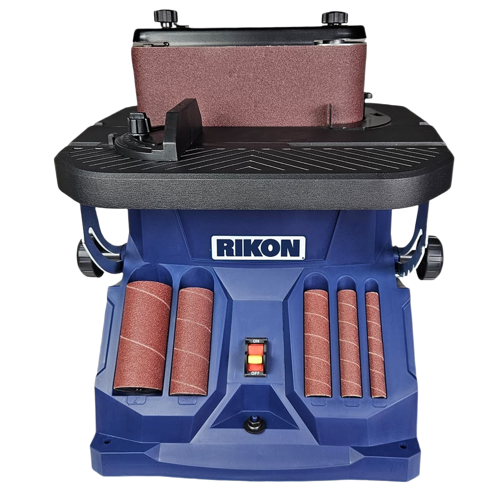 Blue Rikon benchtop oscillating belt and spindle sander with multiple sanding sleeves for power tool use