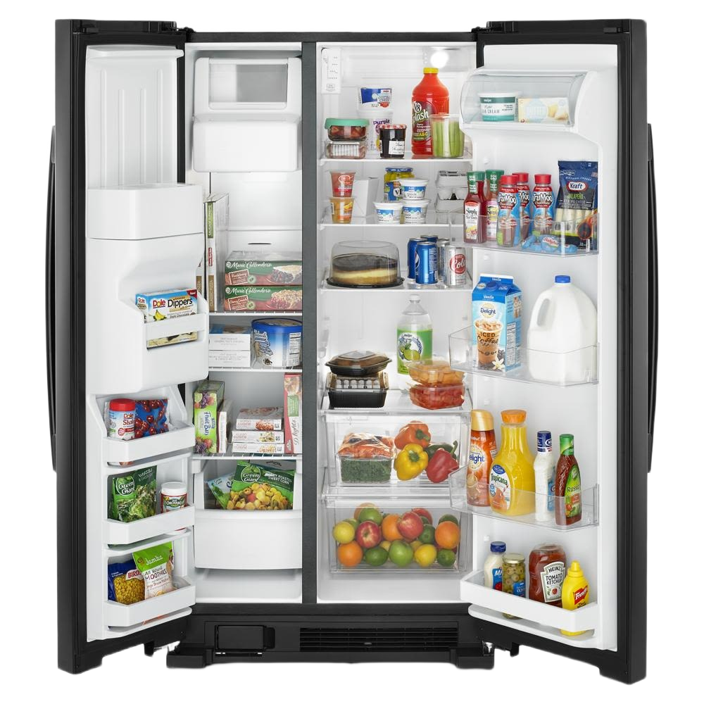 Open black side-by-side refrigerator with organized shelves and various food and beverage items in kitchen appliances collection