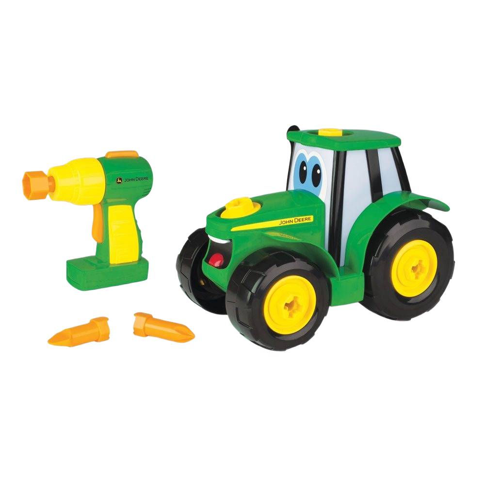 Green and yellow toy tractor with large black wheels and child-friendly battery-powered drill for assembly play