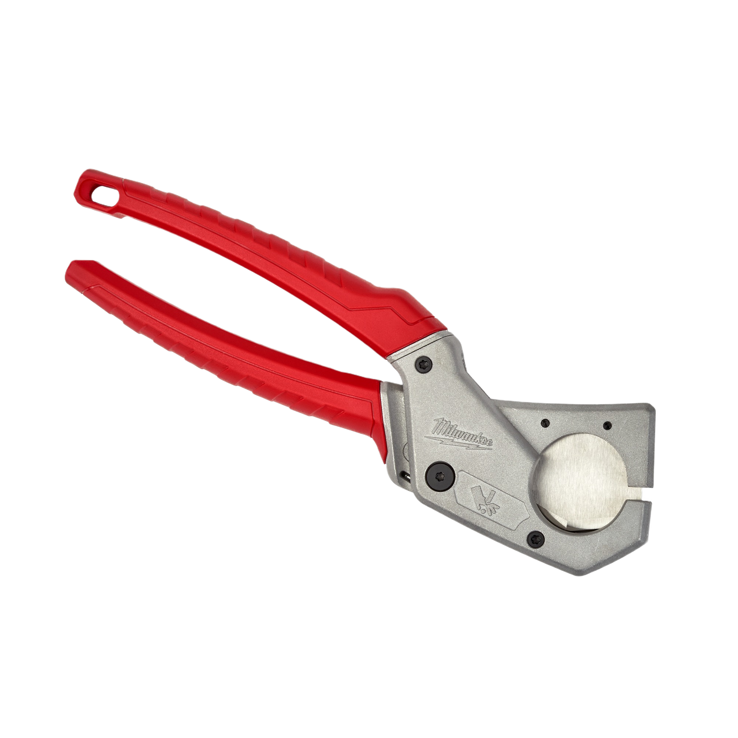 Plumbing tubing cutter with red handles and stainless steel V-shaped blade for clean cuts in plastic and rubber tubing