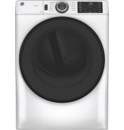 Smart front load gas dryer in white with large tinted door and digital control panel from Dryers collection