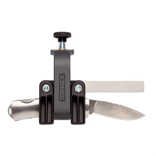 Compact black metal small knife holder jig with adjustable clamp and steel guide arm for precise sharpening in tools and home improvement