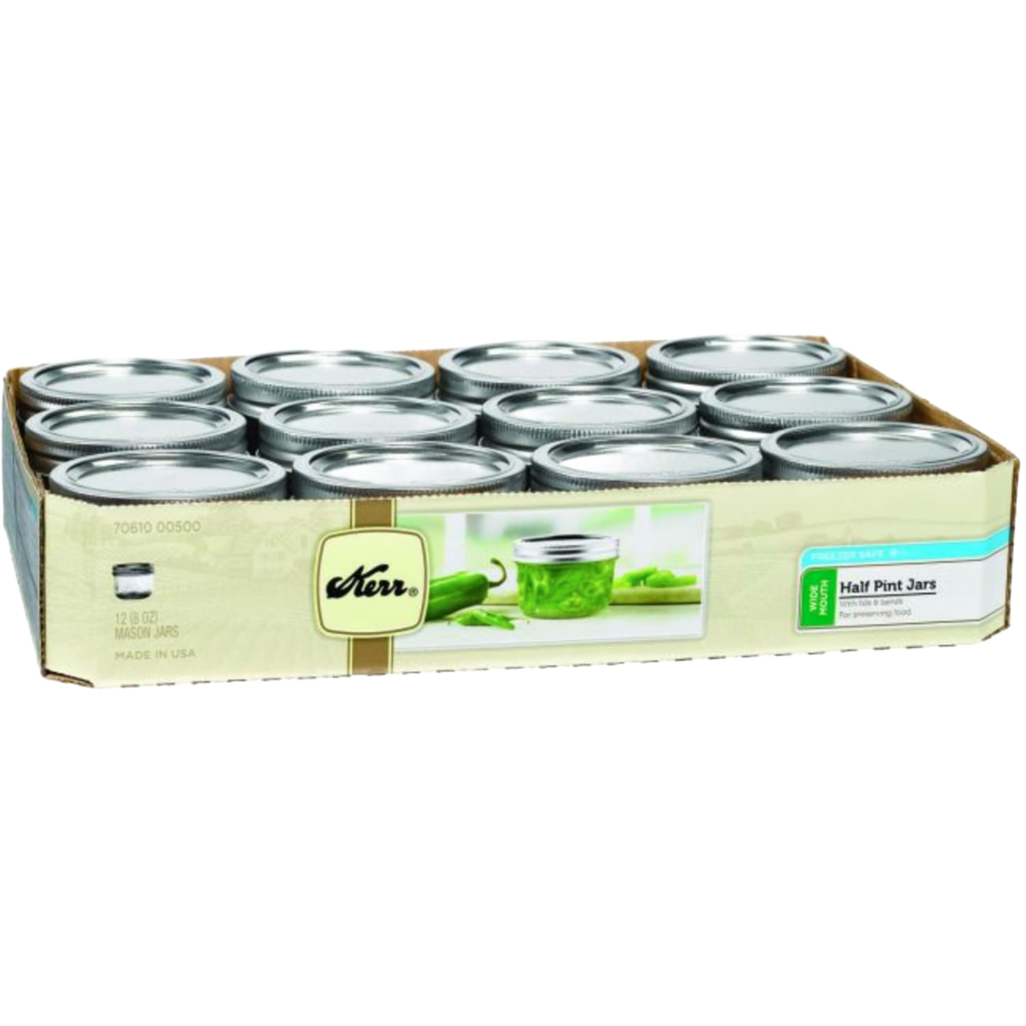 Set of 12 clear glass half-pint wide mouth canning jars with metal lids, ideal kitchenware for food preservation under $50.