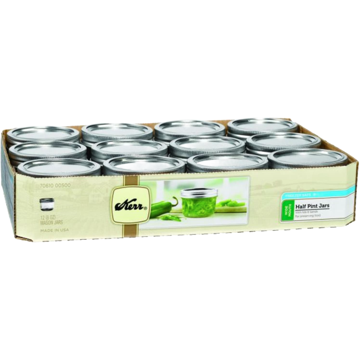 Set of 12 clear glass half-pint wide mouth canning jars with metal lids, ideal kitchenware for food preservation under $50.