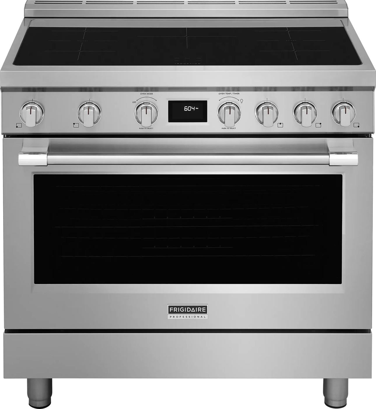 Front view of stainless steel freestanding induction range with digital display and six control knobs in kitchen appliances collection