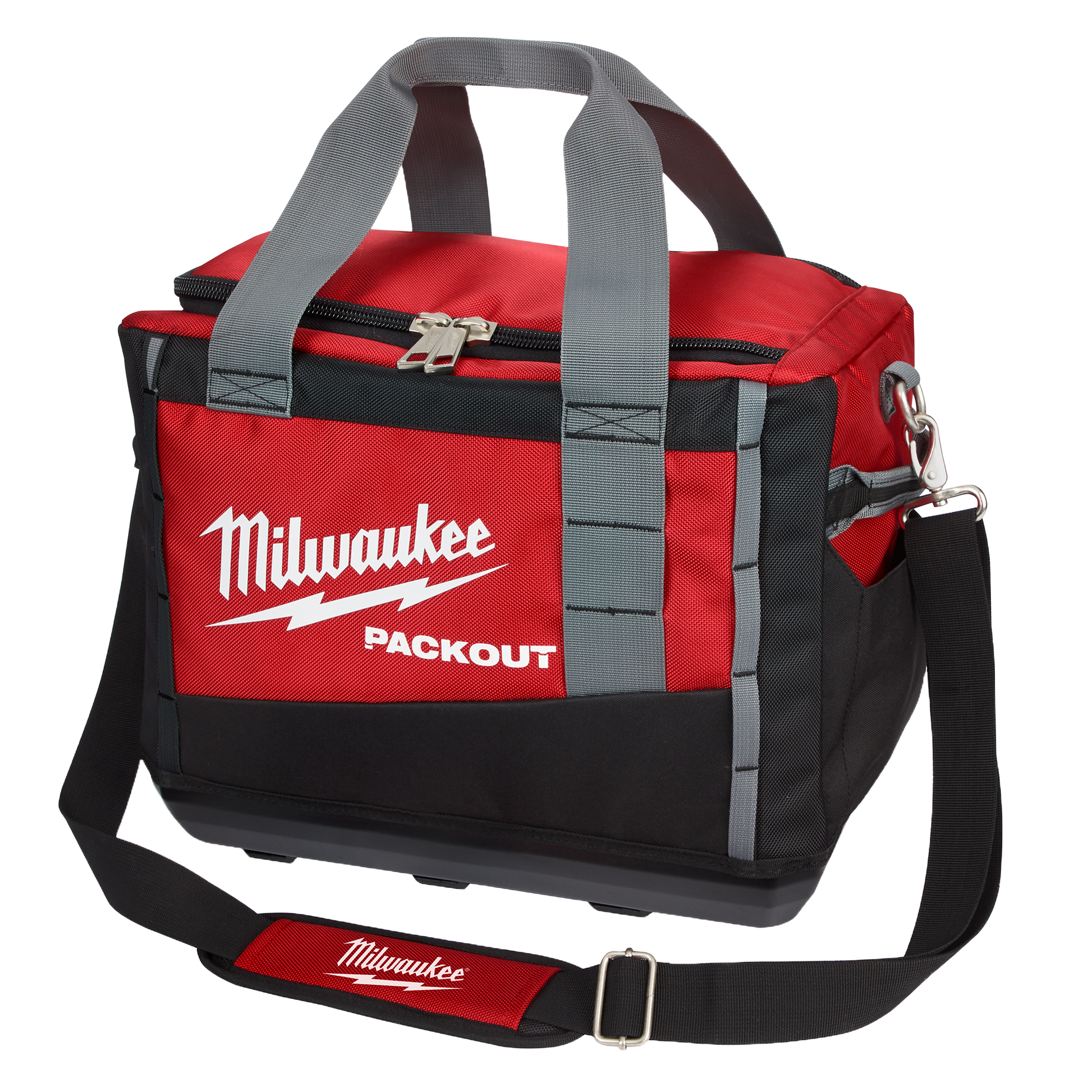 Red and black durable Milwaukee PACKOUT tool bag with gray handles and adjustable shoulder strap for tools and home improvement use