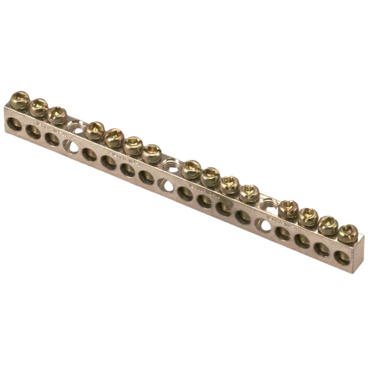 Metal ground bar with 15 terminals and secured brass screws for electrical panel and home improvement projects