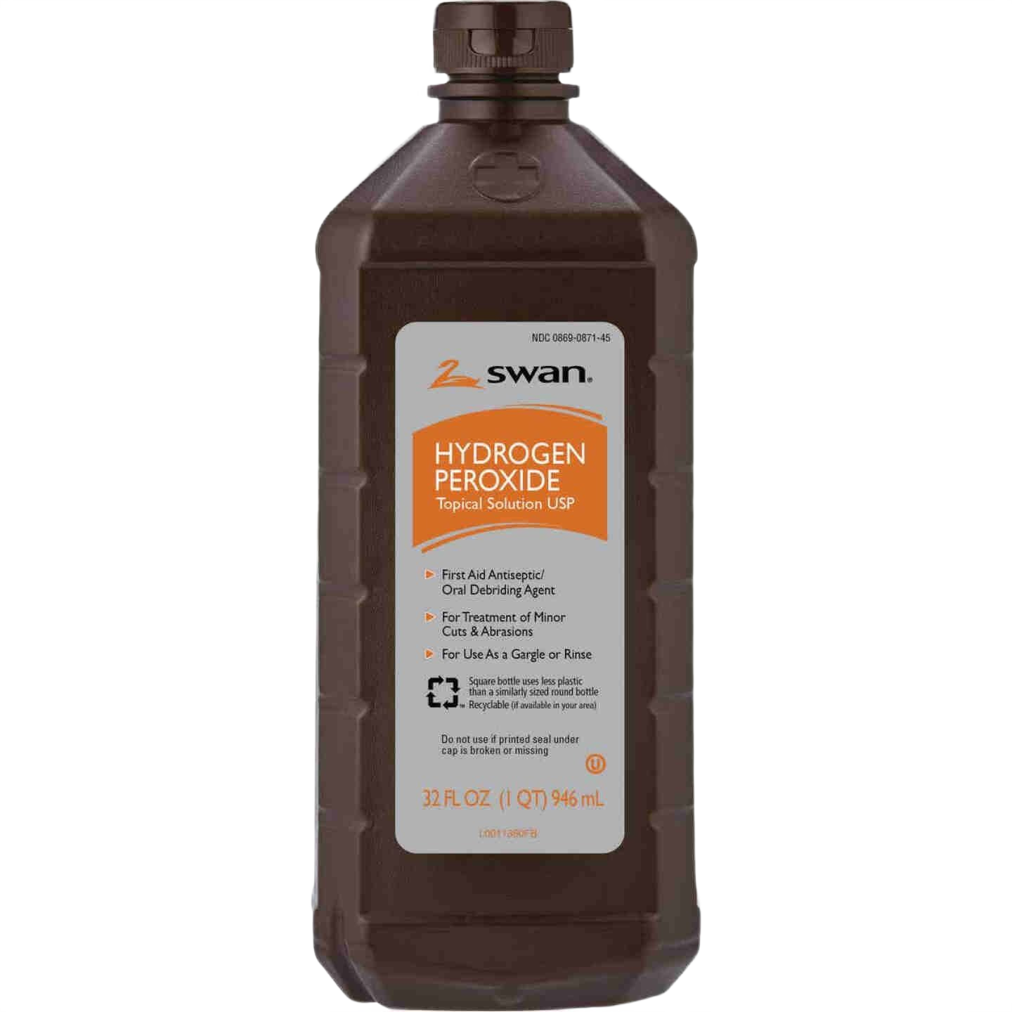 32 oz. brown plastic bottle of Swan 3% hydrogen peroxide topical solution in Health & Beauty and Under $50 collections