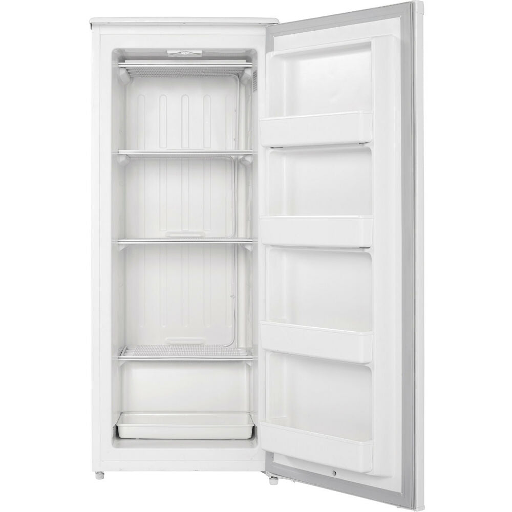 White upright freezer with manual defrost, mechanical thermostat, and adjustable shelves for kitchen and appliance use