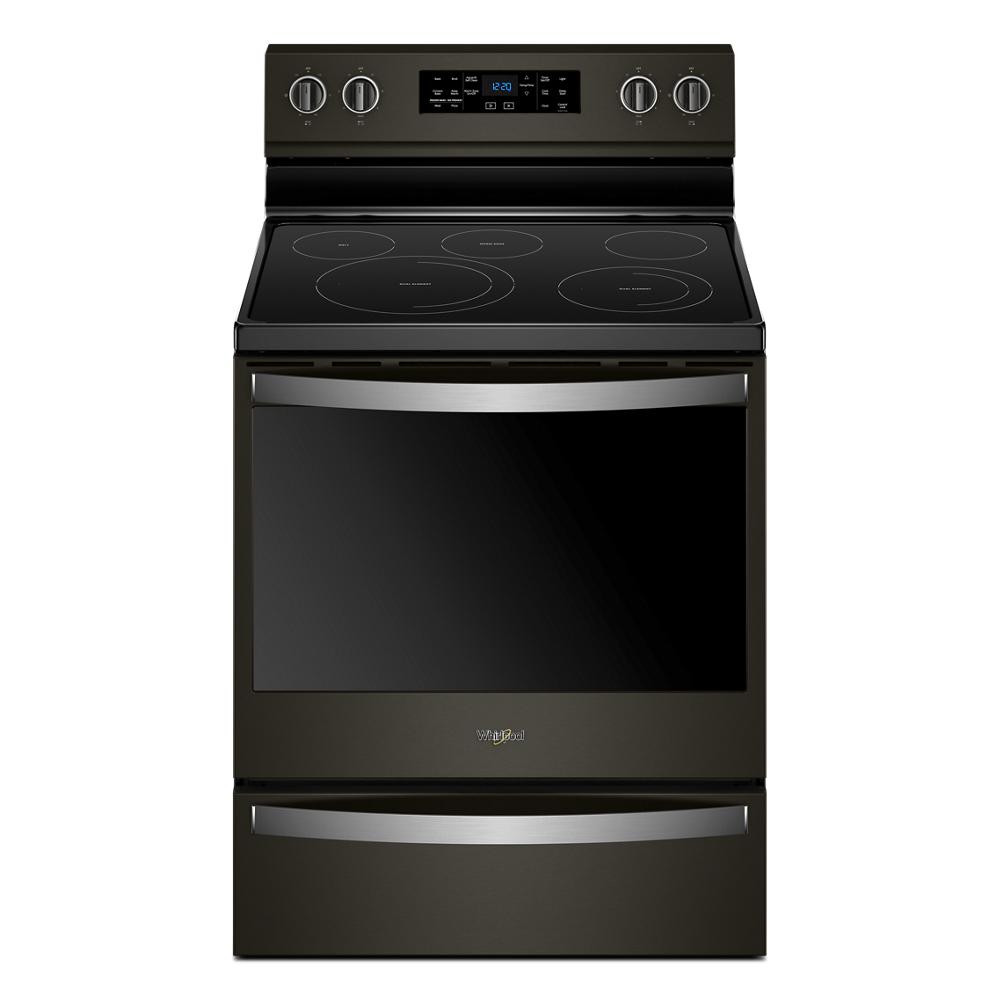 black freestanding electric range with smooth cooktop and digital control panel for kitchen appliances and home improvement