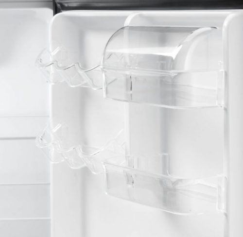 Clear plastic refrigerator door racks with built-in egg holders for organized storage in kitchen appliance collection