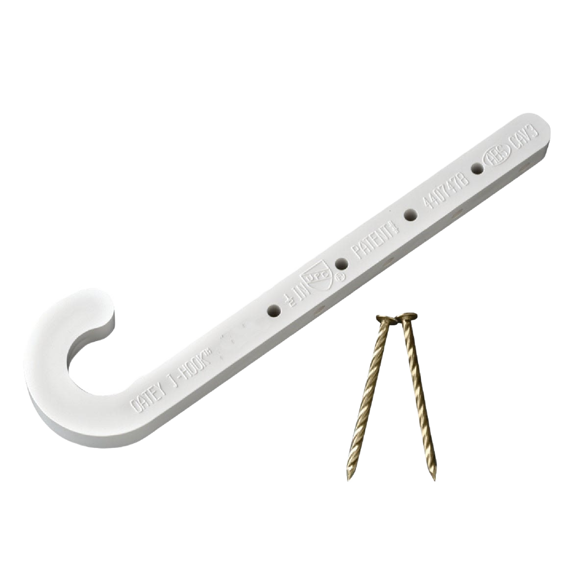 White ABS plastic J-hook pipe holder with two metal screws for plumbing and home improvement tasks under $50