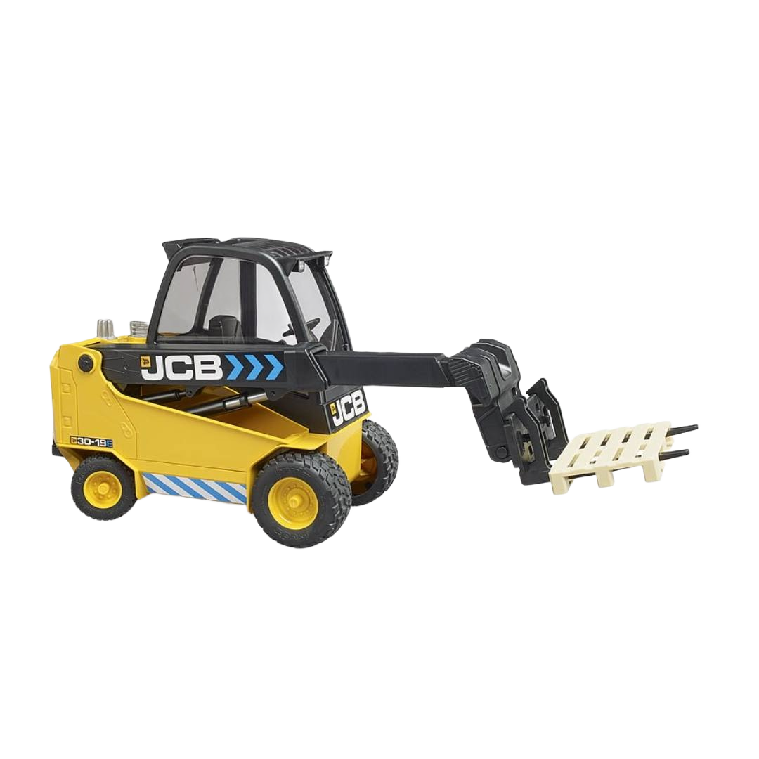 Yellow and black Bruder toy teletruk forklift with extended arm holding a small beige pallet for construction play