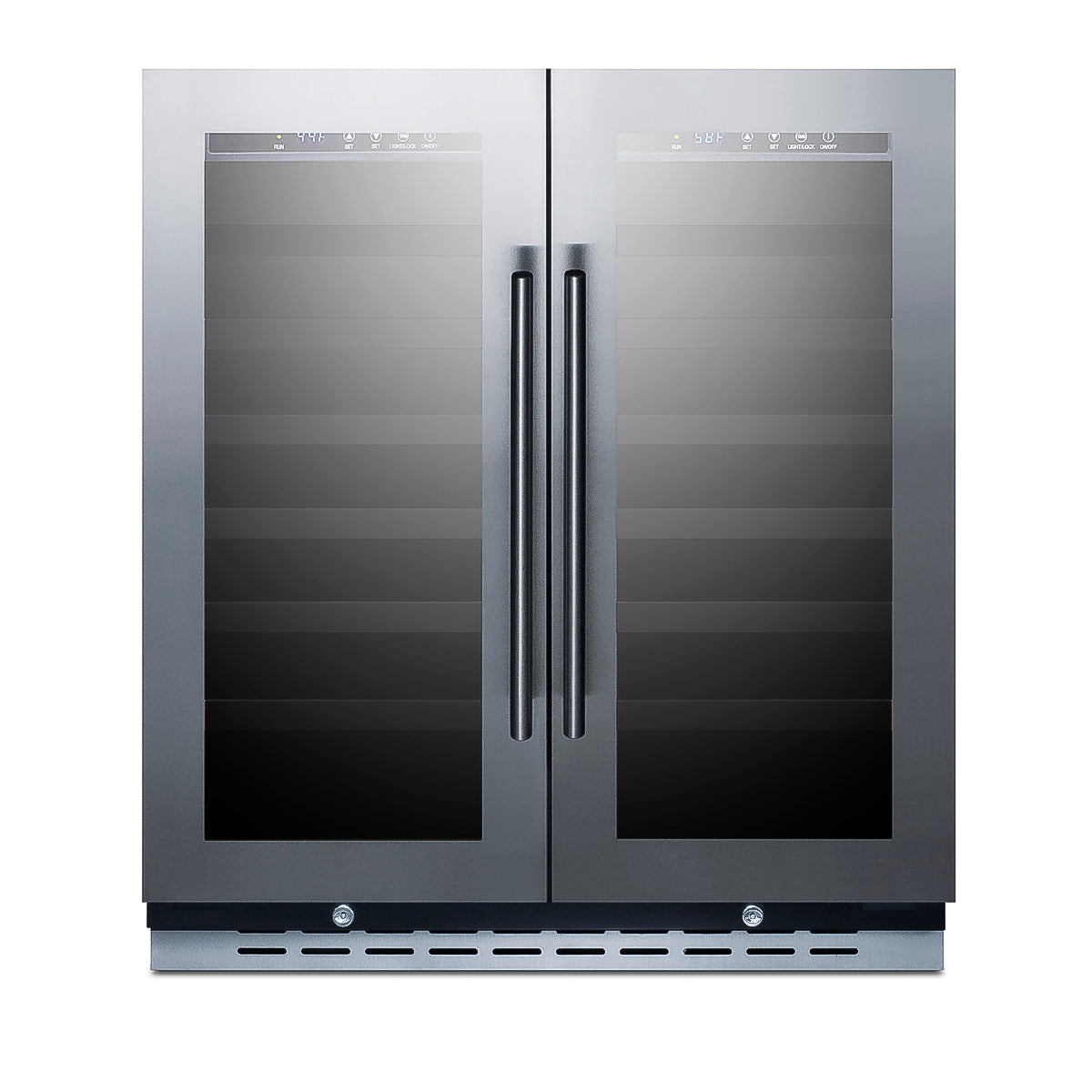 Built-in stainless steel double door wine cellar with tinted glass panels and vertical handles in kitchen appliances collection