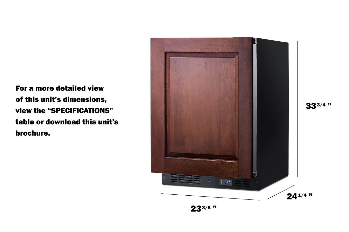 Built-in all-freezer with dark wood panel front, black sides, and digital controls near the base for kitchen use