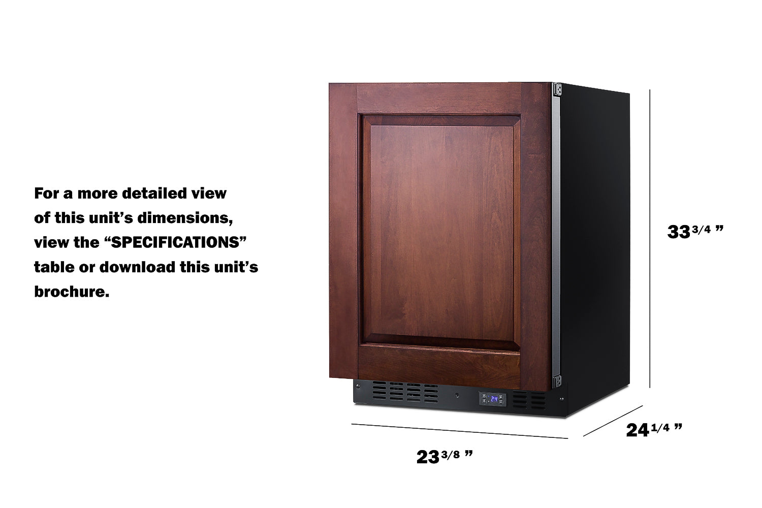 Built-in all-freezer with dark wood panel front, black sides, and digital controls near the base for kitchen use
