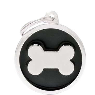 Black round pet ID tag with bone design in durable metal for personalized pet tags under $50 in farm and pet collection