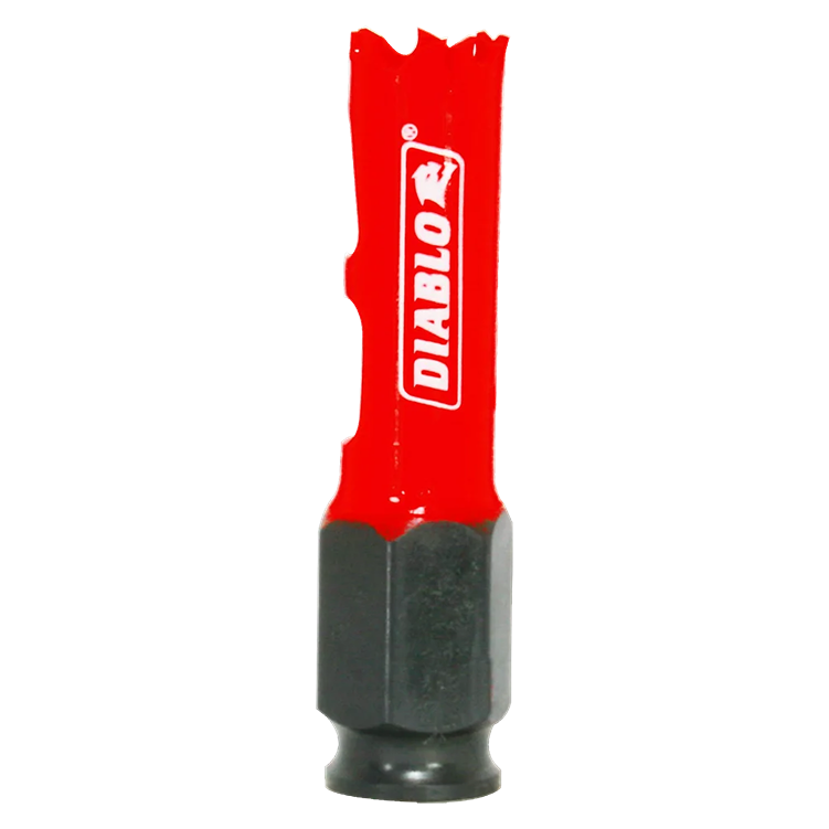 Red steel hole saw bit with Diablo branding and hex shank for power drill use in home improvement projects