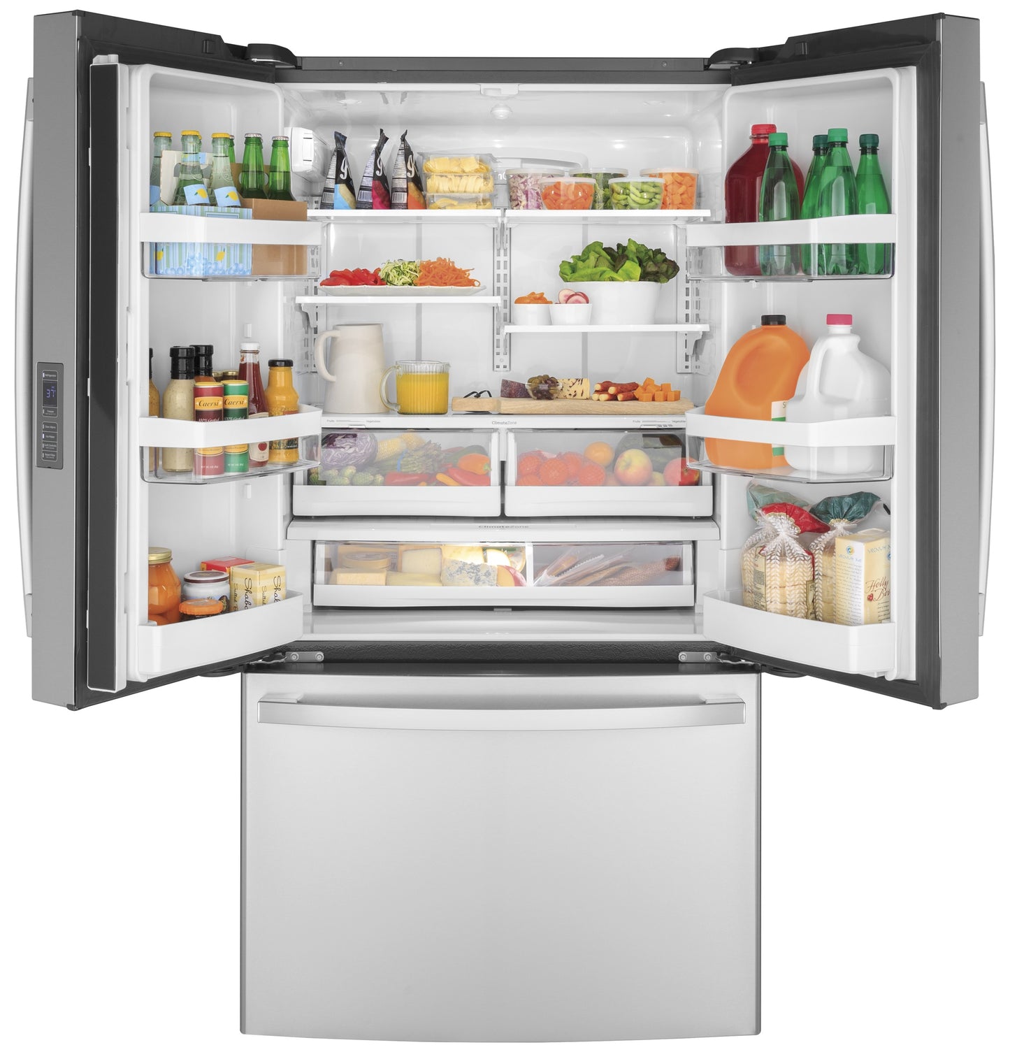 Open fingerprint-resistant French-door refrigerator with organized fresh produce, beverages, and dairy in kitchen appliances collection