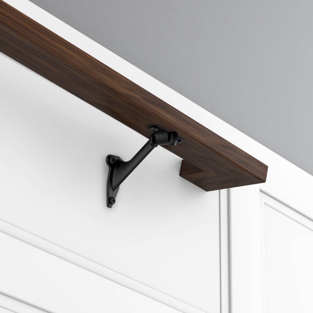 Matte black handrail bracket securing dark wood rail to wall for shelving and storage organization projects