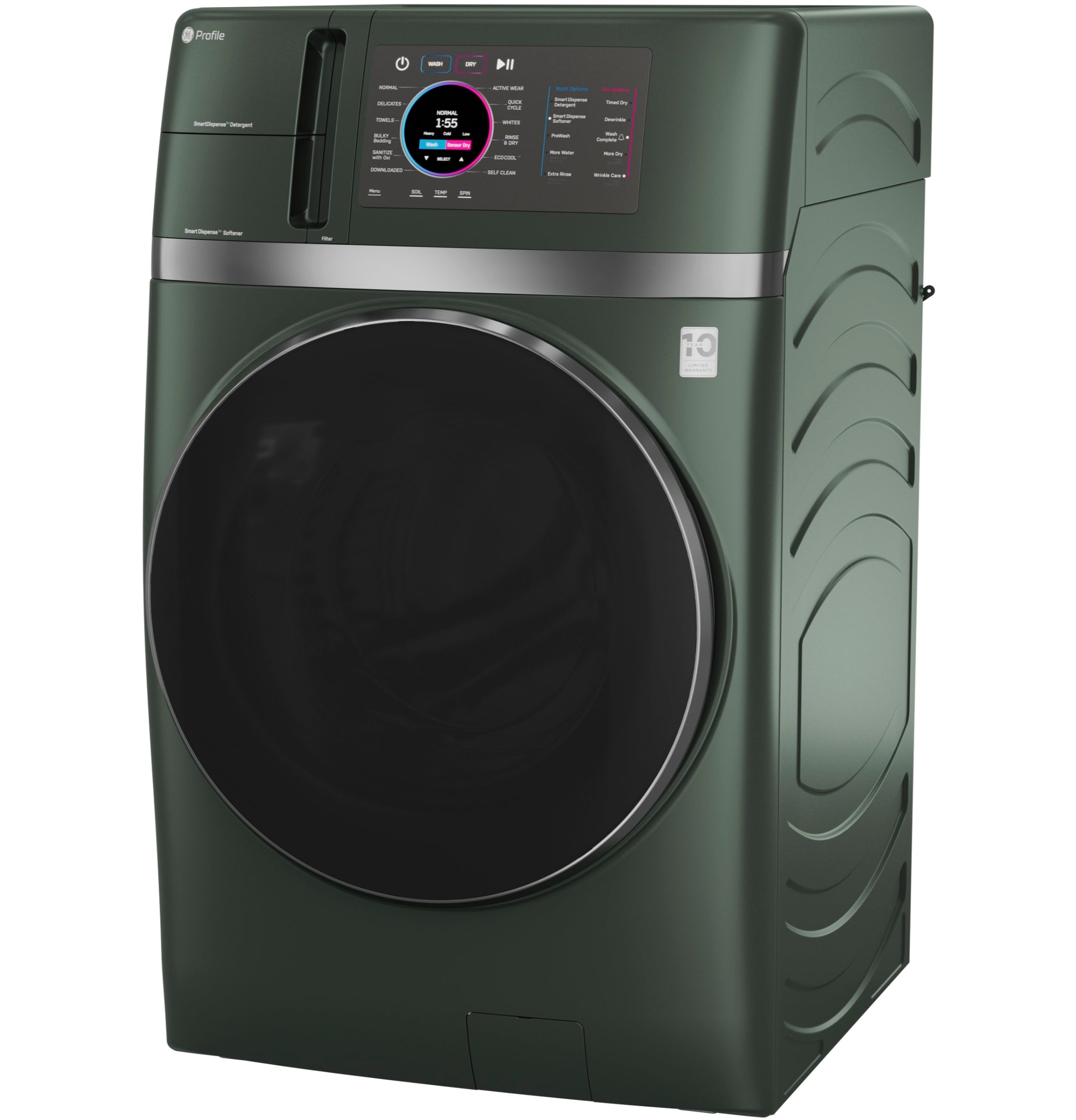 Dark green front load washer/dryer combo with digital touchscreen control panel in appliance laundry centers collection
