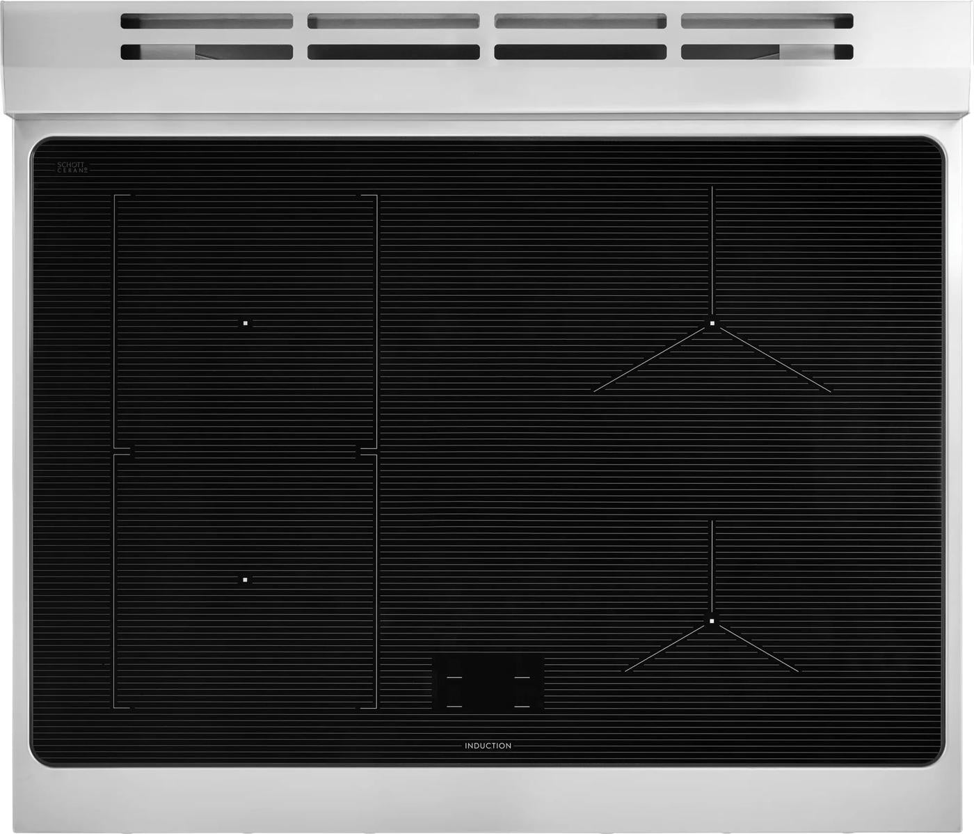 Stainless steel induction cooktop with black glass surface and flexible cooking zones in ranges and kitchenware collection