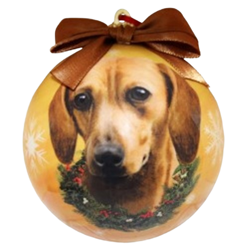 Christmas ornament featuring a realistic dachshund face with wreath and brown ribbon for tree decoration and gifts