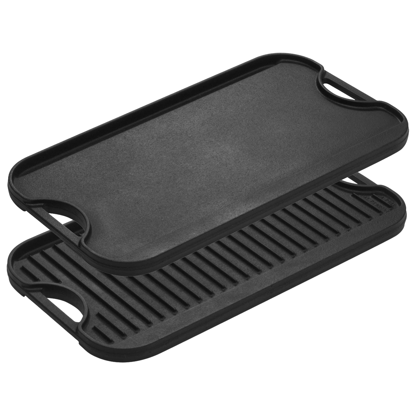 Two-sided cast iron griddle with flat and ridged cooking surfaces, durable cookware for indoor and outdoor grilling.
