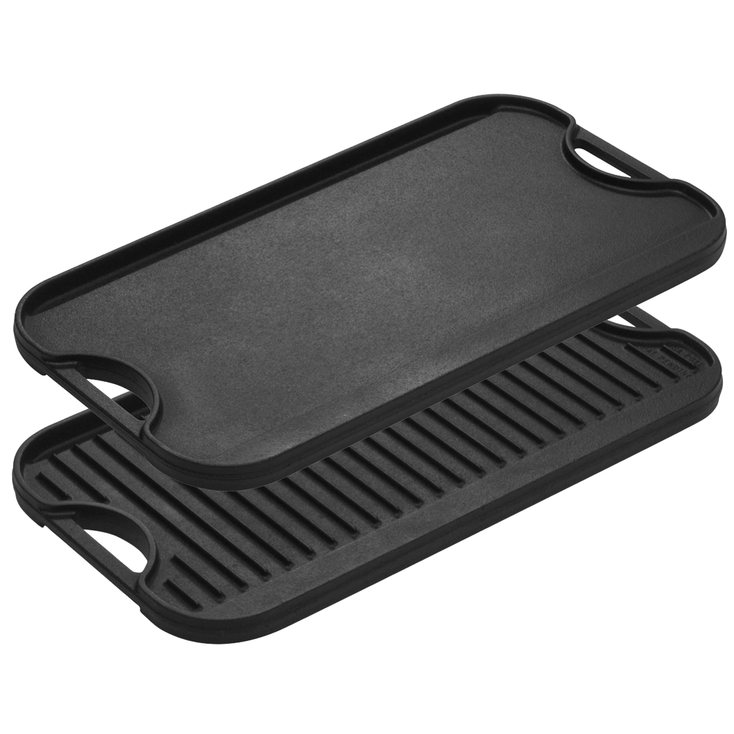 Two-sided cast iron griddle with flat and ridged cooking surfaces, durable cookware for indoor and outdoor grilling.