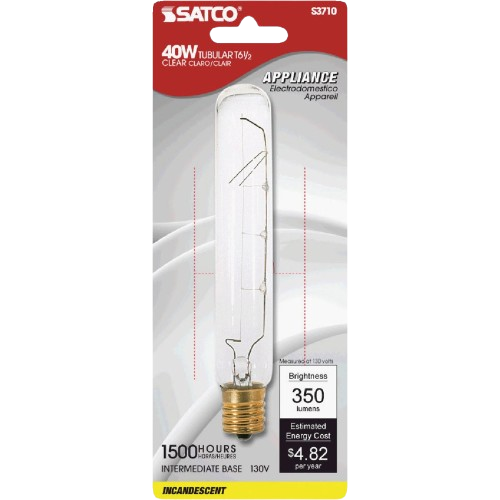 Clear tubular incandescent light bulb with 40 watt power and intermediate screw base for lighting and home improvement use