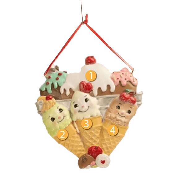 Ceramic ornament showing three smiling ice cream cones with colorful toppings and a drippy ice cream background