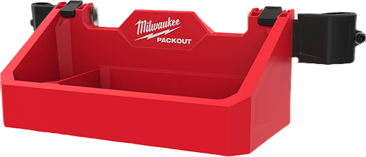 Red Milwaukee PACKOUT tool box tray attachment with integrated locking clamps for organized tool storage in home improvement projects
