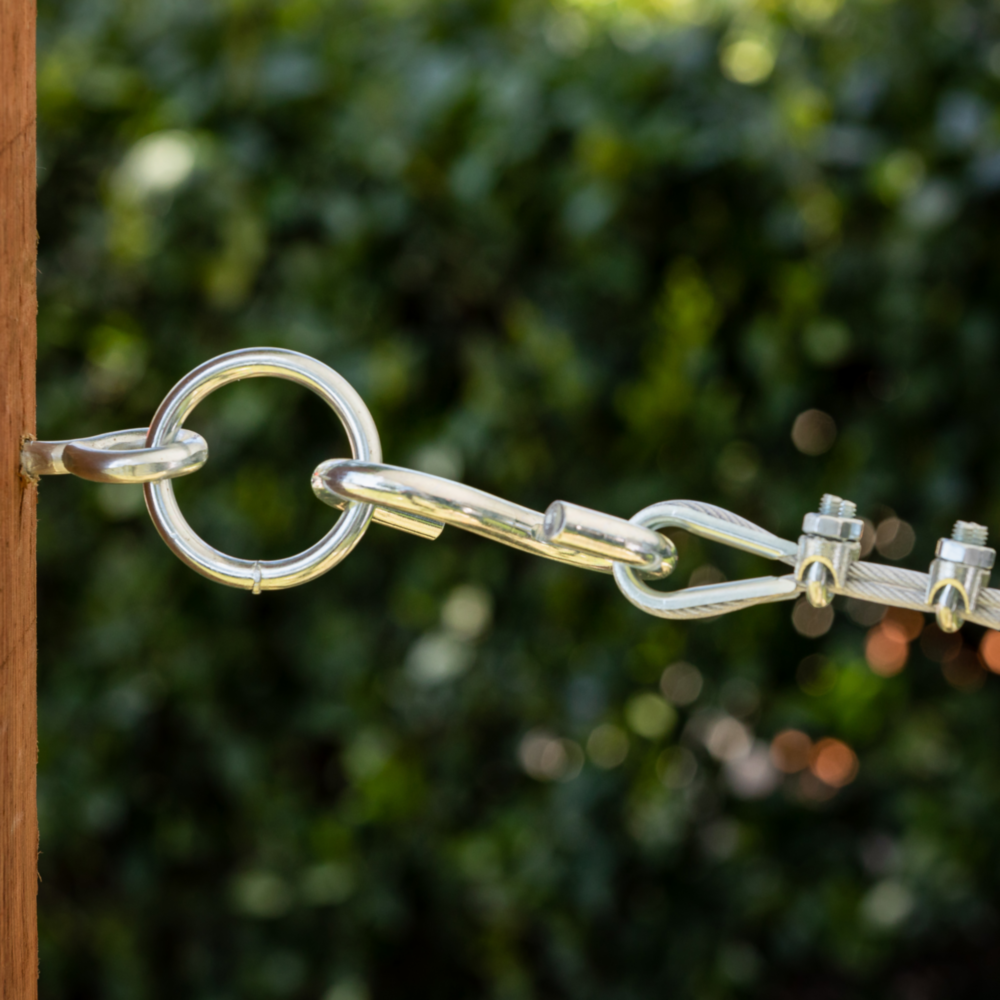 Zinc-plated steel hitch ring connected to cable with clamps for outdoor use in hardware and fasteners collections under $50
