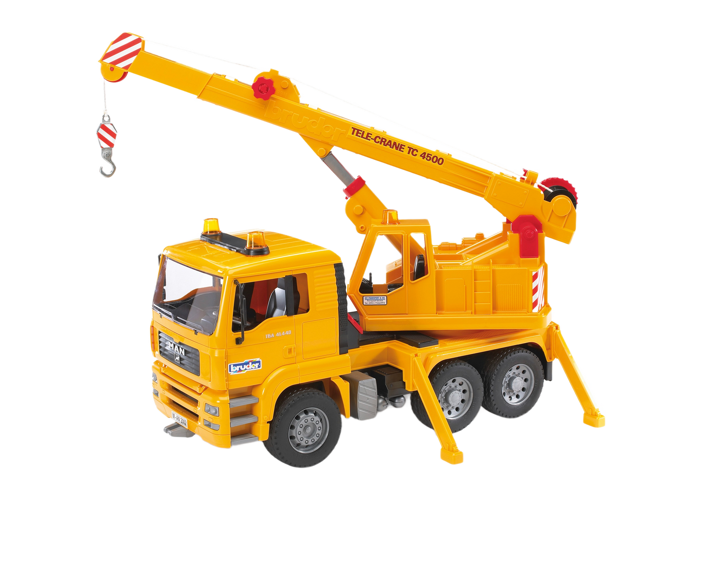 Yellow Bruder Toys MAN crane truck model with extendable boom and stabilizing outriggers for construction play