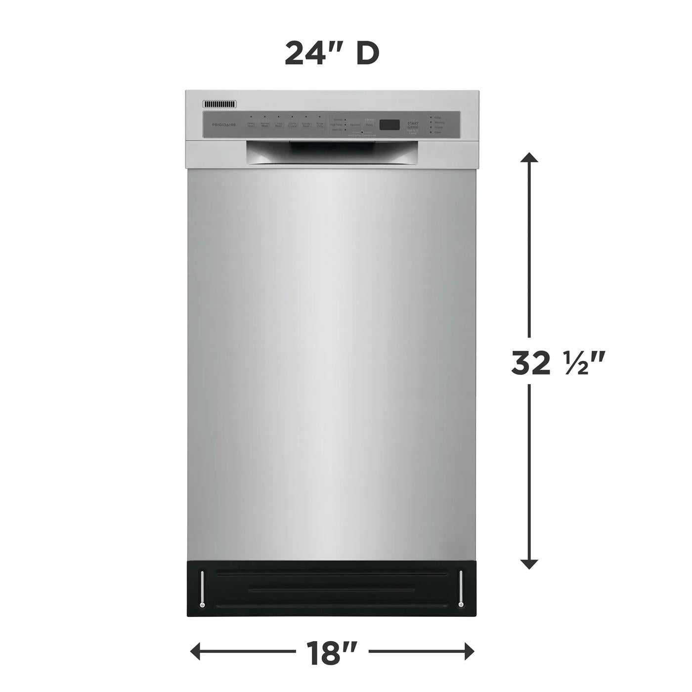 Front view of stainless steel built-in dishwasher with digital control panel and dimensions labeled from kitchen appliances collection