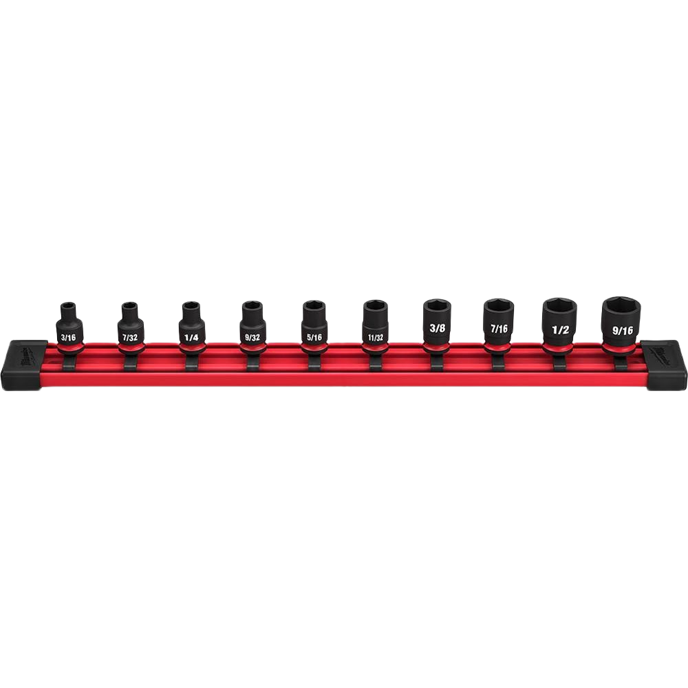 Set of ten black impact sockets with red rail holder for tools and home improvement use