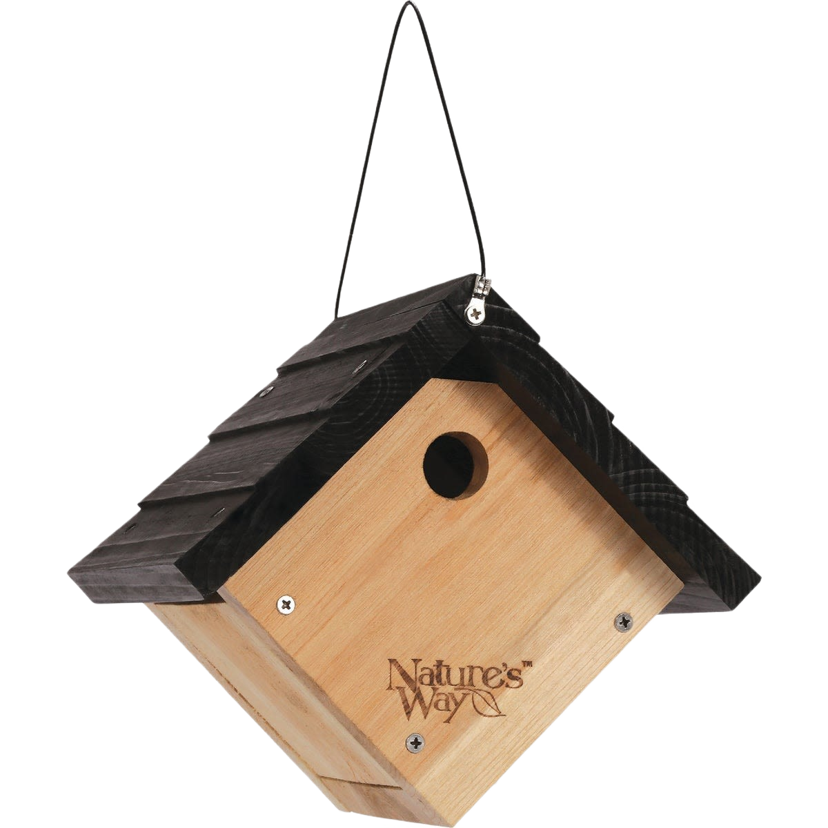 Natural cedar wren bird house with black roof and metal hanging chain for outdoor home improvement use