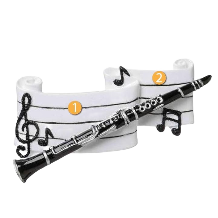 Black clarinet ornament resting on white music sheet with treble clef and notes, Christmas decoration under $50 collection