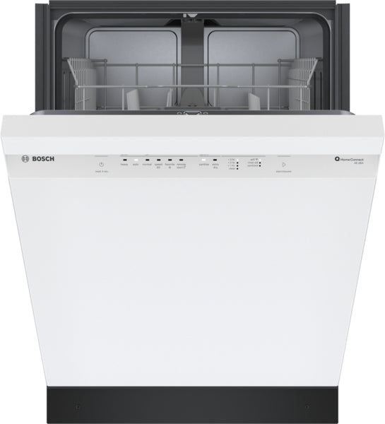 24-inch white Bosch dishwasher with open door showing empty stainless steel interior racks and control panel buttons