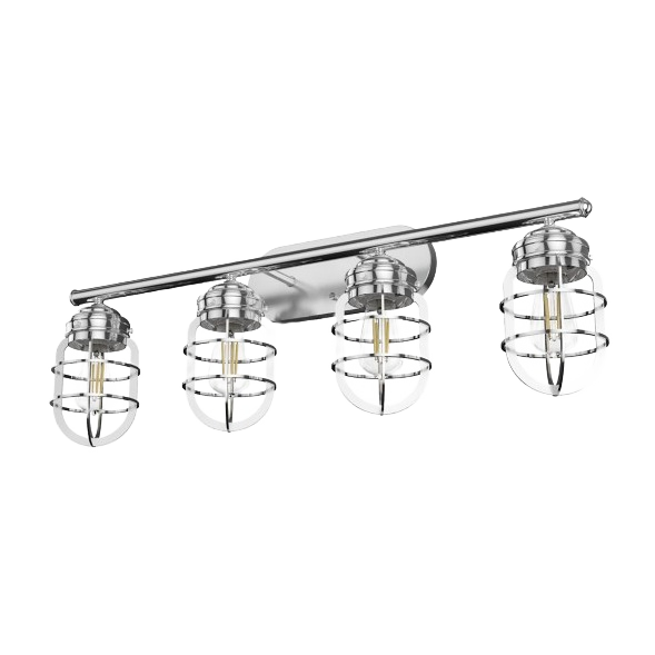Chrome finished four-light vanity fixture with caged glass shades for bathroom and wall lighting collections